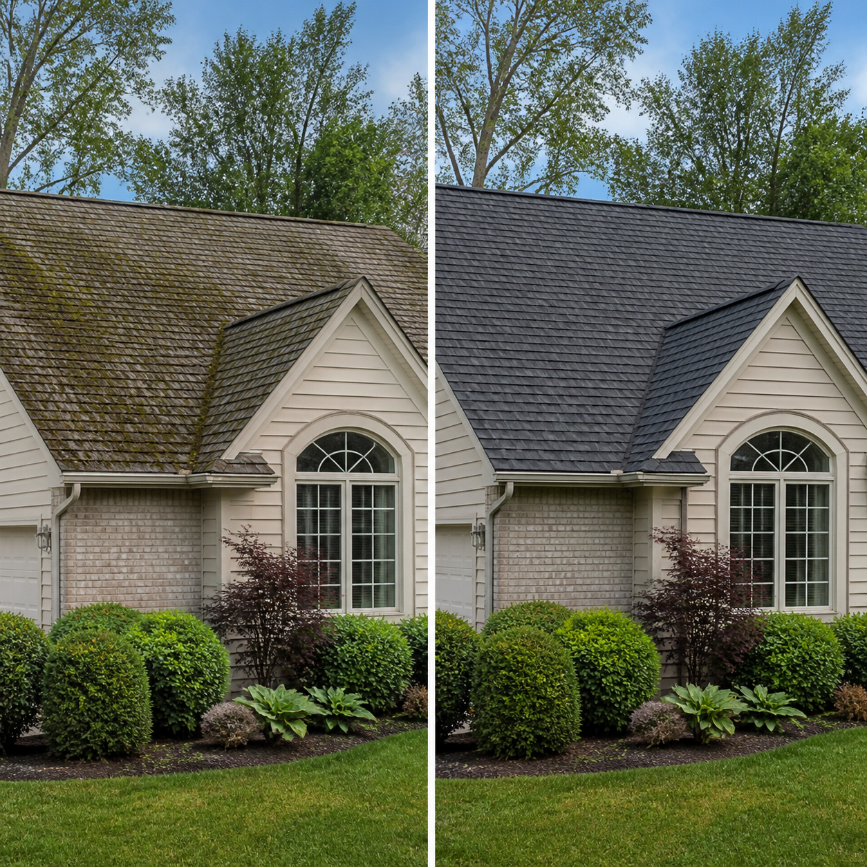 Illustrative before-and-after view of an older and newer shingle roof
